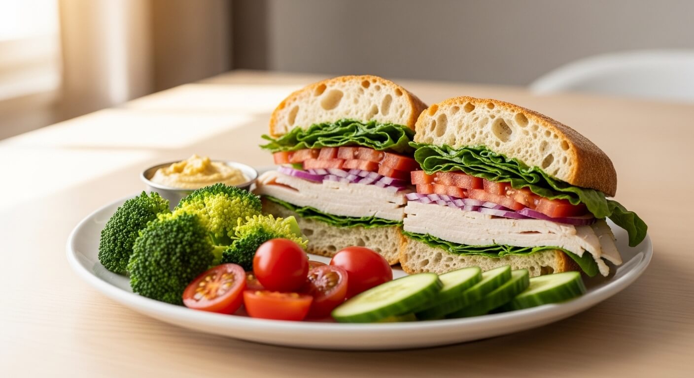 Turkey sandwich with lettuce, tomato, and onion on ciabatta bread served with broccoli, cherry tomatoes, cucumber, and hummus.