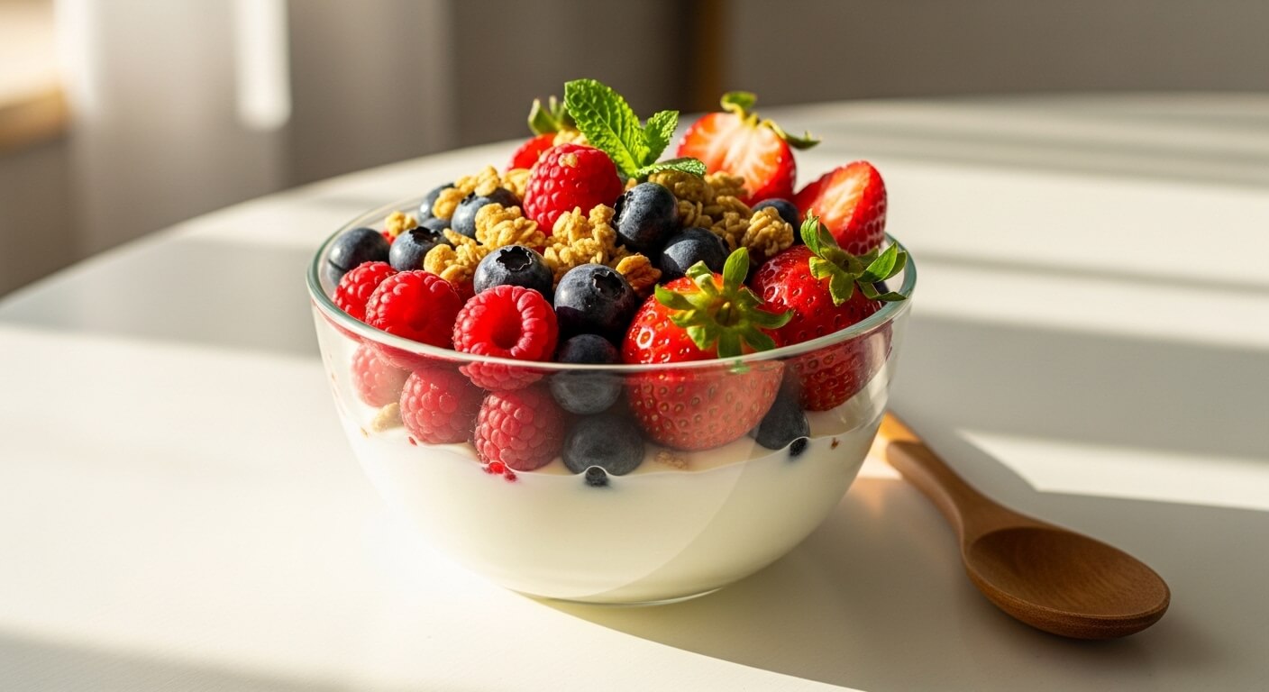 Glass bowl of yogurt topped with strawberries, blueberries, raspberries, granola, and a mint leaf with a wooden spoon nearby