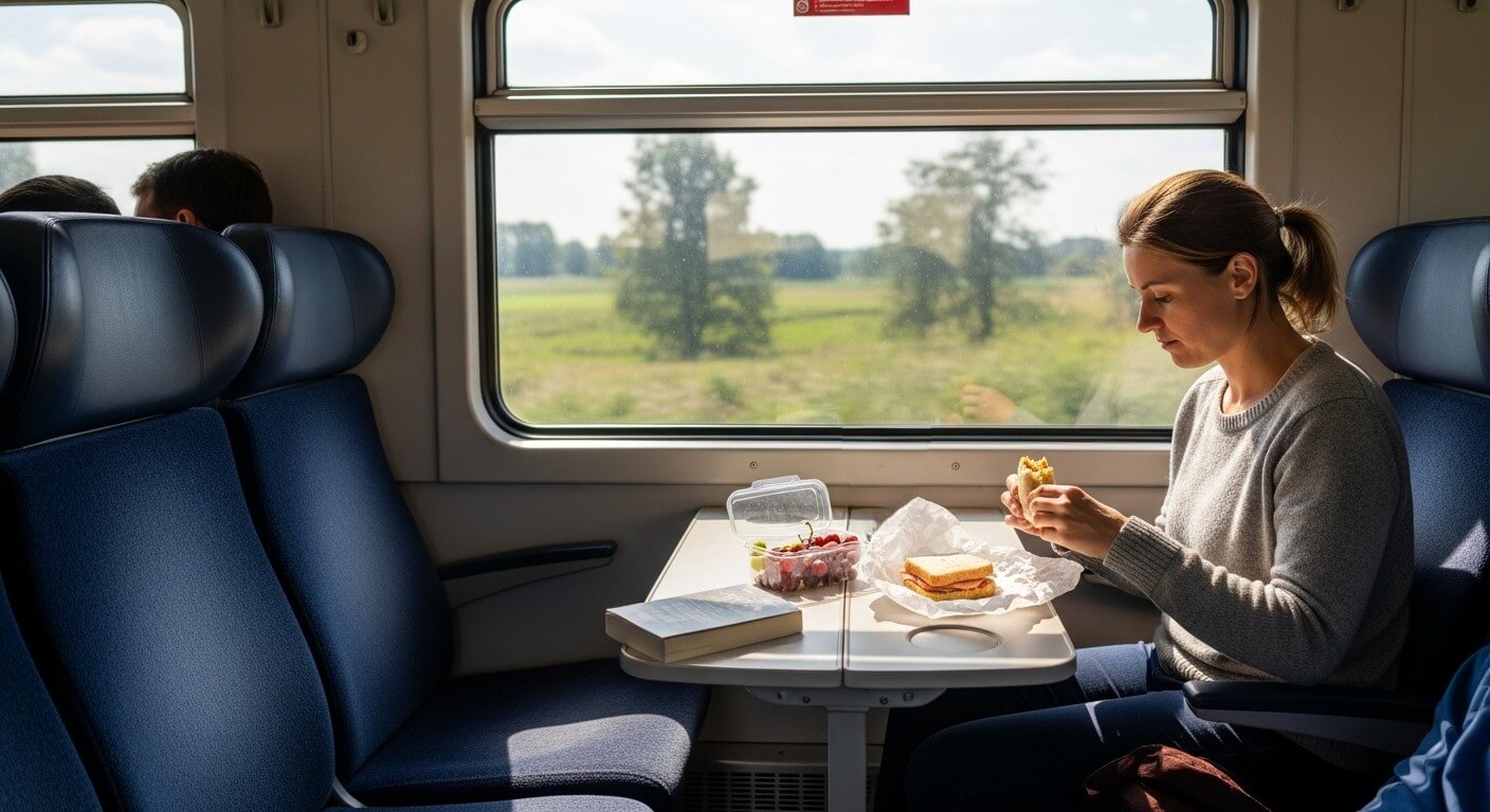 Woman eating a sandwich and reading a book while sitting by a train window with countryside view