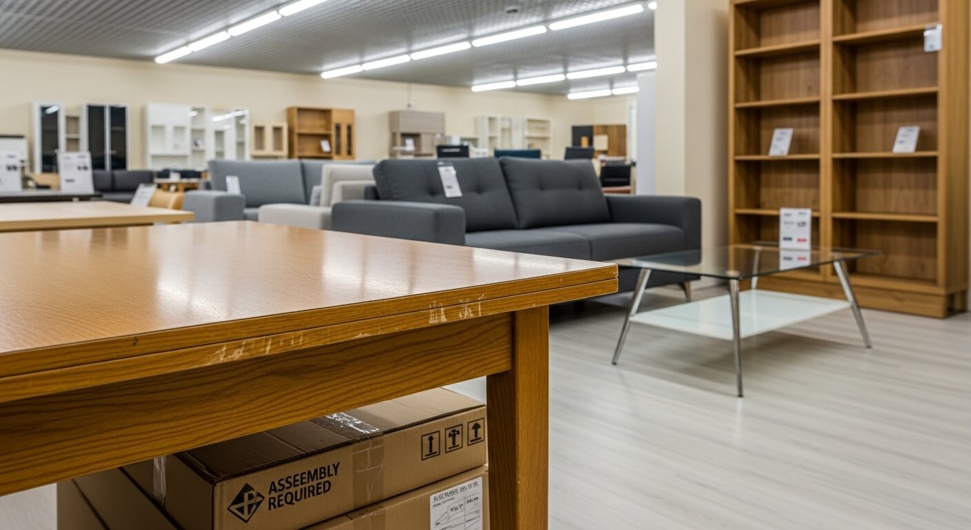 Furniture showroom with wooden tables, gray sofas, glass coffee tables, and wooden bookshelves on display