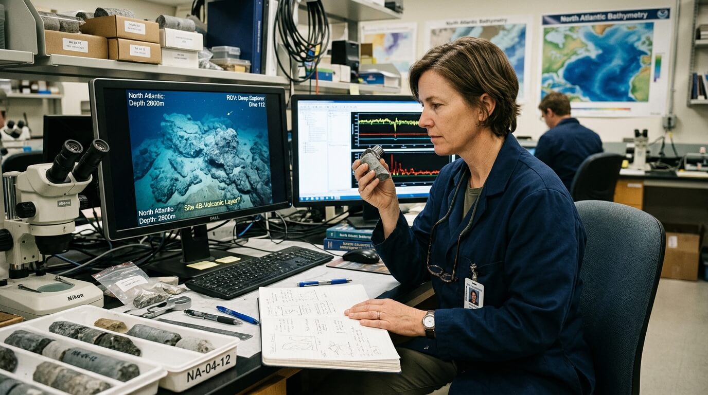 Scientist examining volcanic rock sample in lab with North Atlantic deep-sea images on computer screens