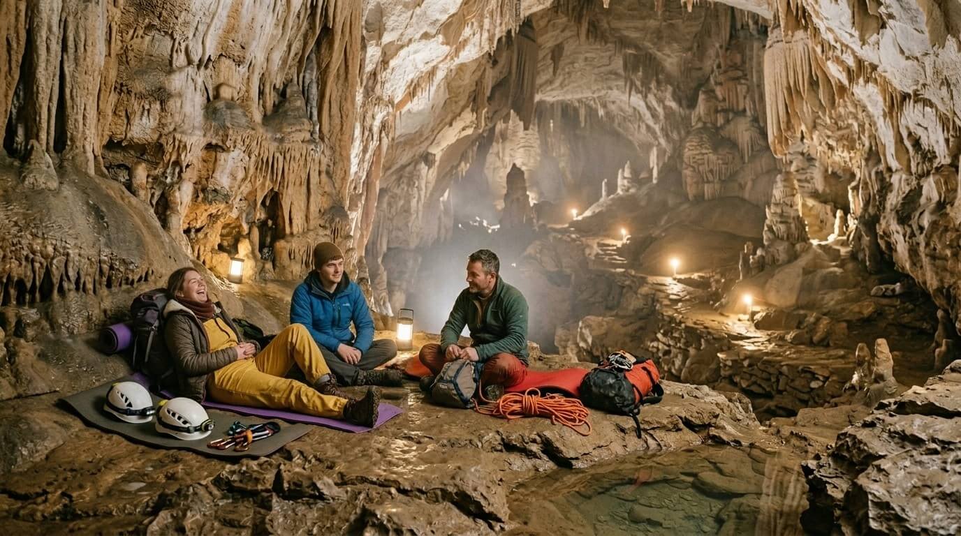 Three cavers resting with gear inside a large illuminated cave with stalactites and stalagmites.