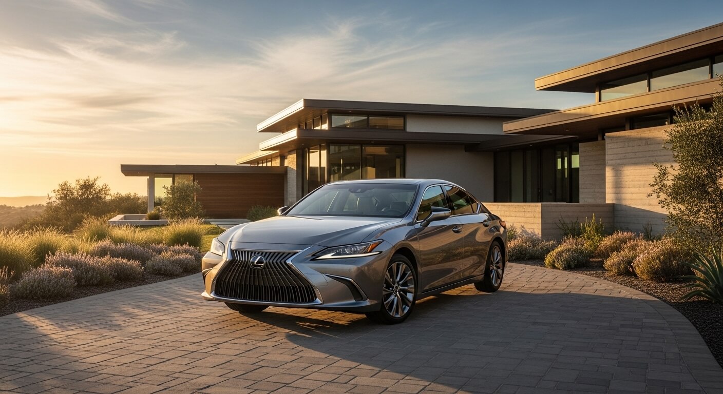 Silver Lexus sedan parked on driveway of modern house at sunset