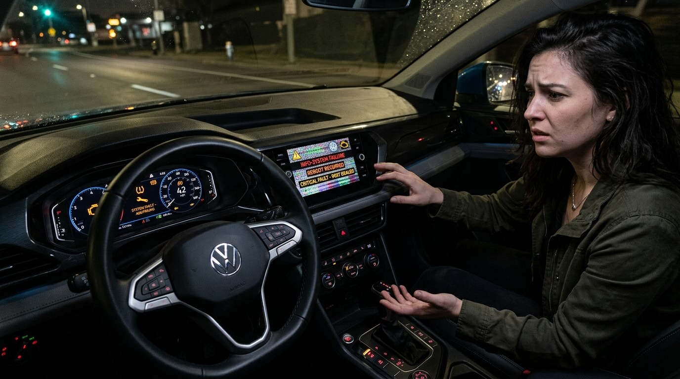 Woman inside a Volkswagen car looking concerned at a dashboard screen showing "INFO-SYSTEM FAILURE REBOOT REQUIRED" warning at night.
