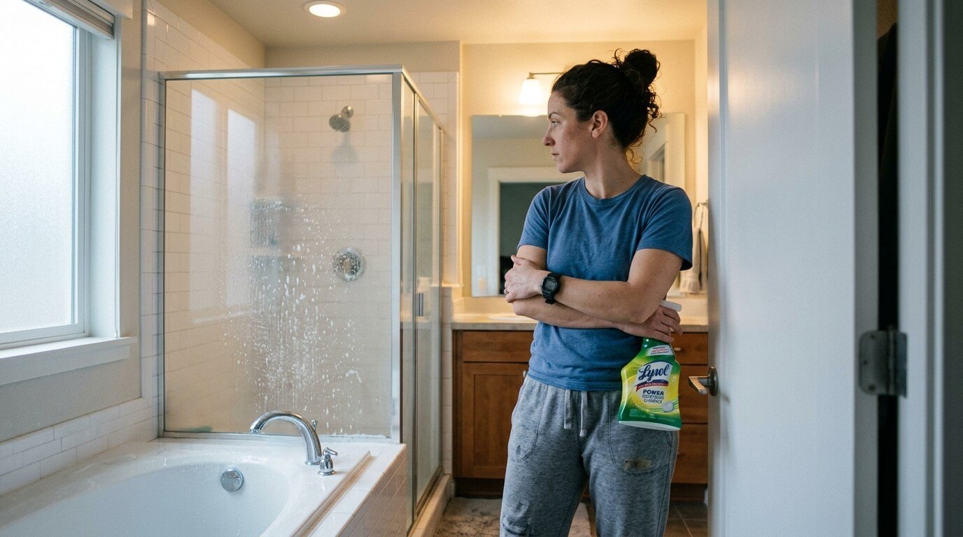 Woman in blue shirt holding Lysol Power bathroom cleaner in a bathroom next to a bathtub and shower
