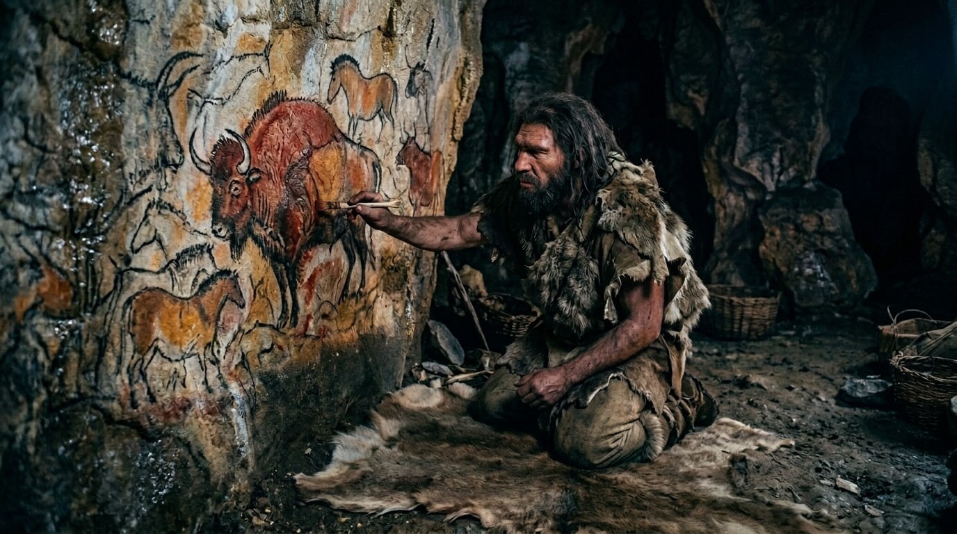 Prehistoric man in animal fur painting cave animals on a rock wall inside a cave.