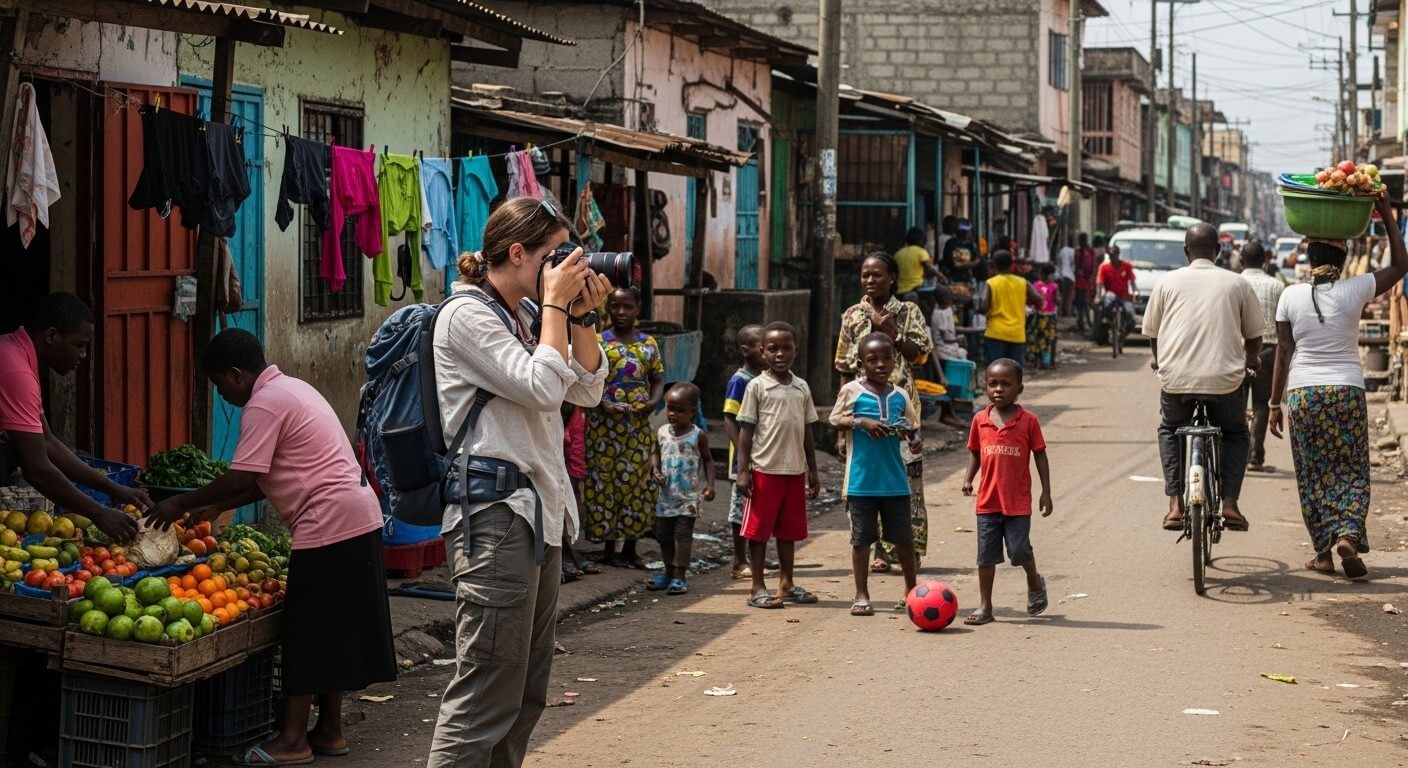 Photographer taking pictures of children playing with a red soccer ball on a busy street market.