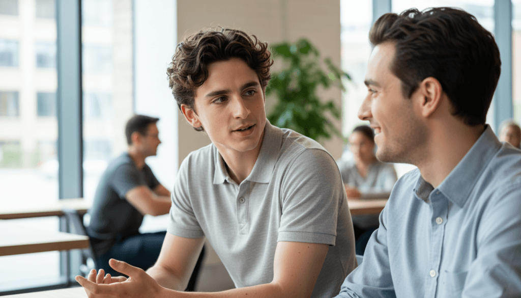 Two young men having a conversation in a bright indoor setting with others in the background