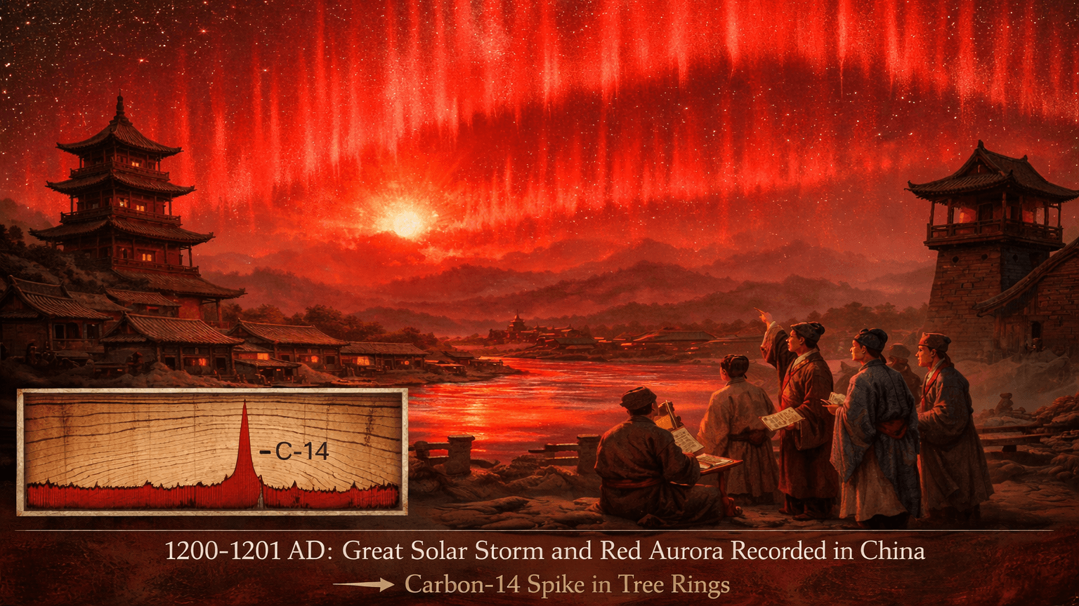 Ancient Chinese scholars observing a red aurora during the 1200-1201 AD great solar storm with a Carbon-14 spike graph inset.