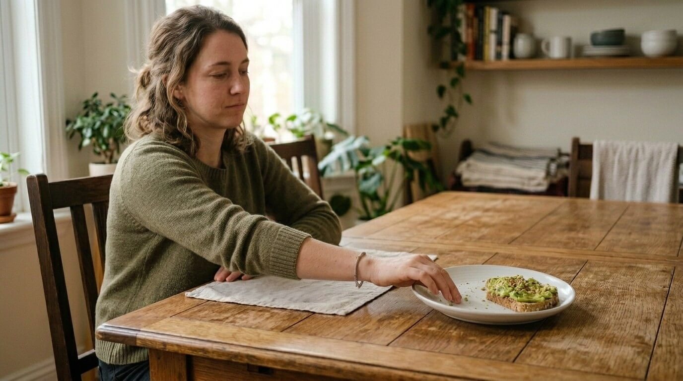Woman in green sweater reaching for avocado toast on a wooden dining table in a cozy kitchen.