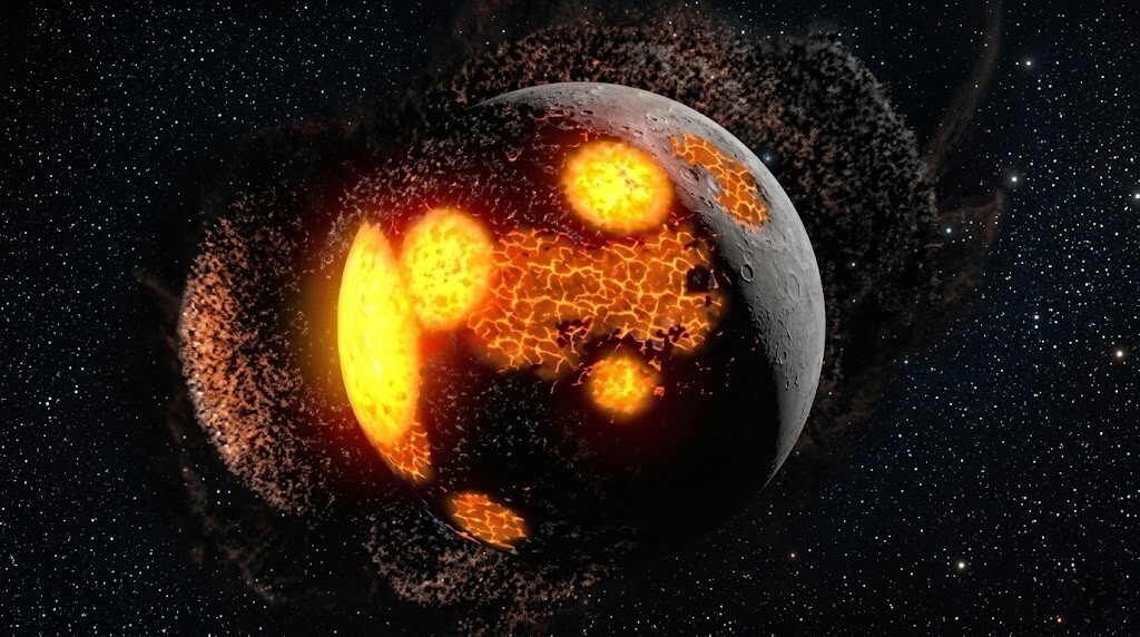 Partially molten planet with glowing lava patches and debris in outer space.