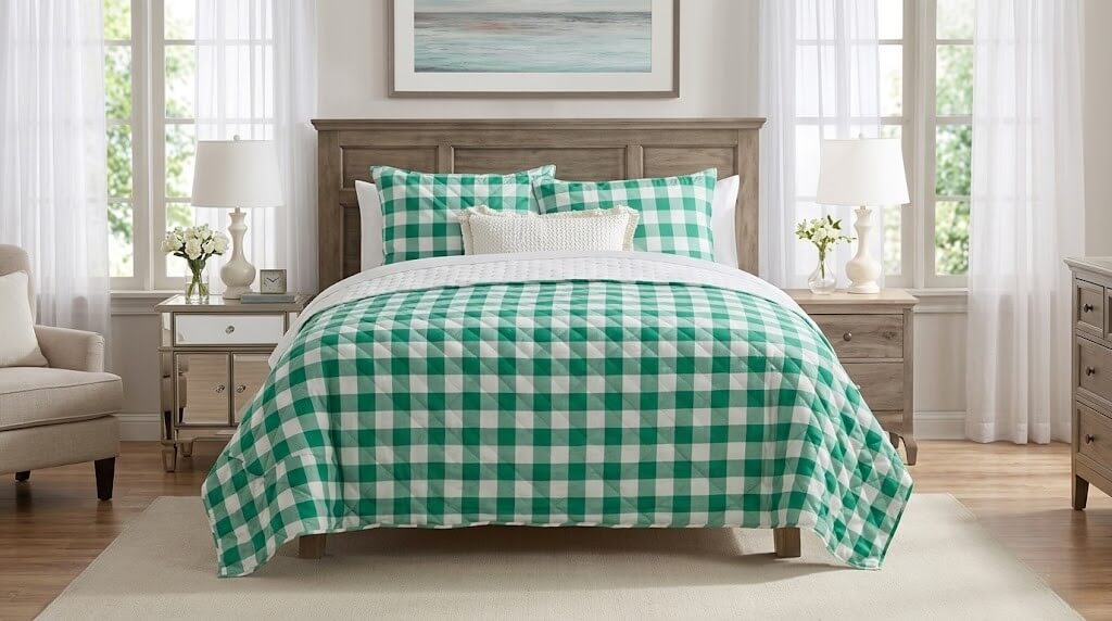 Bed with green and white checkered bedding in a bright bedroom with wooden furniture and white curtains.