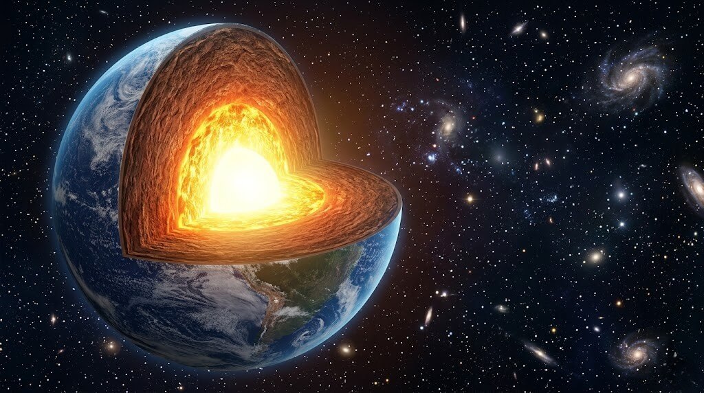 Cross-section of Earth showing its glowing molten core against a star-filled space background.