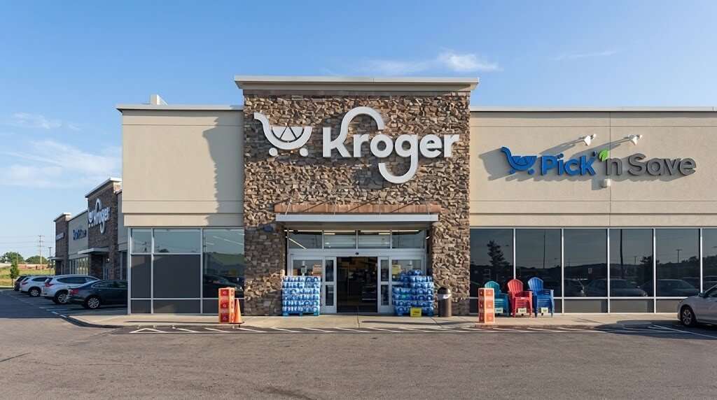 Kroger and Pick 'n Save grocery store entrance with water bottles and outdoor chairs displayed outside.