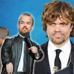Miniature actor Verne Troyer, comedian Brad Williams with microphone, actor Peter Dinklage in suit, and smiling man in black hoodie