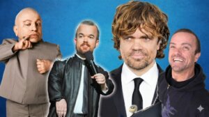 Miniature actor Verne Troyer, comedian Brad Williams with microphone, actor Peter Dinklage in suit, and smiling man in black hoodie