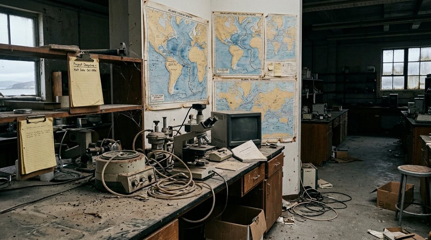 Abandoned laboratory with dusty scientific equipment, old maps of ocean currents, and scattered papers on wooden benches.