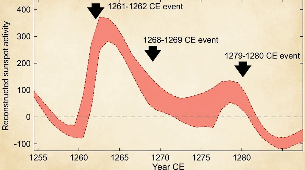Graph showing reconstructed sunspot activity from 1255 to 1285 CE with peaks at 1261-1262, 1268-1269, and 1279-1280 CE events.
