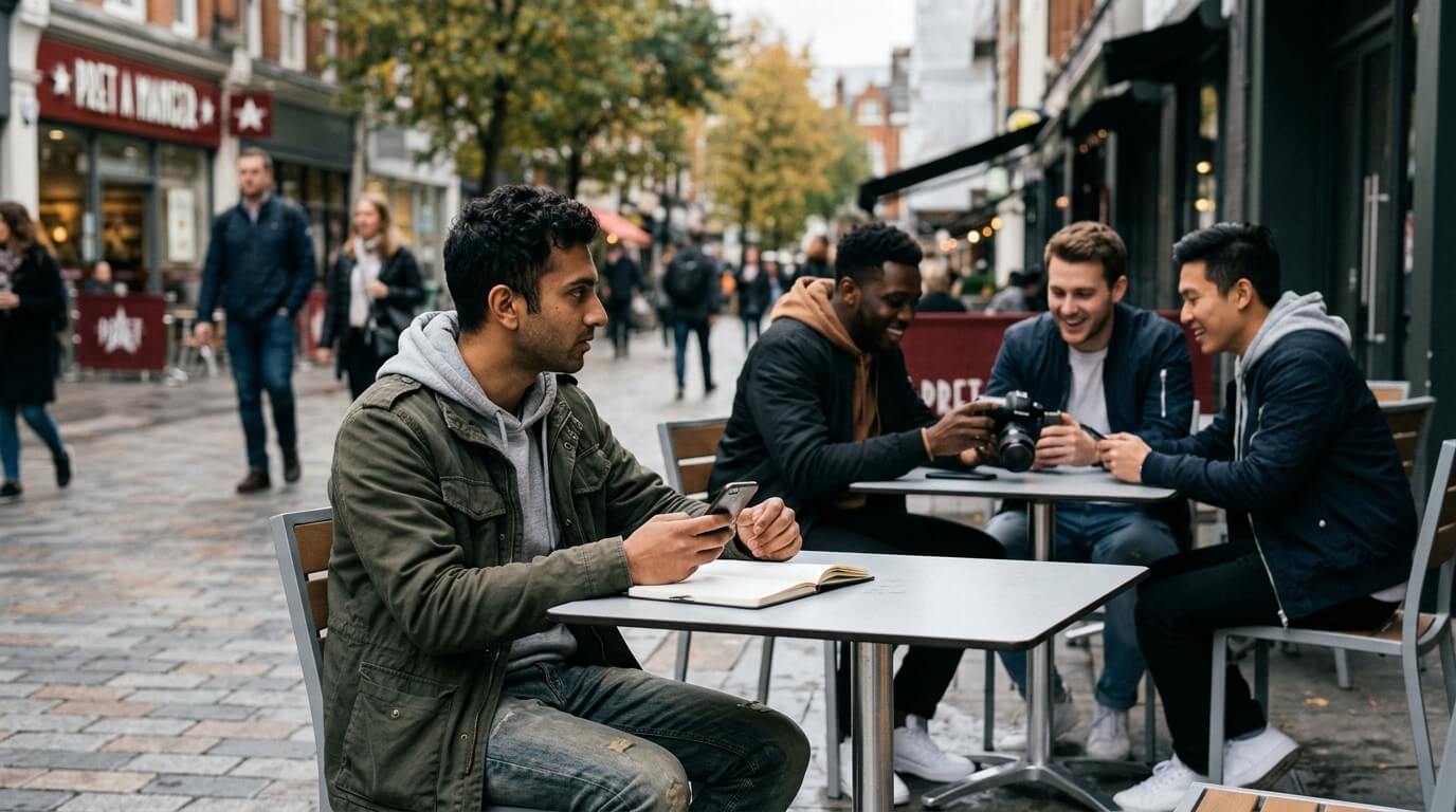 Four young men sitting at outdoor café tables on a city street, one holding a camera, another using a smartphone.