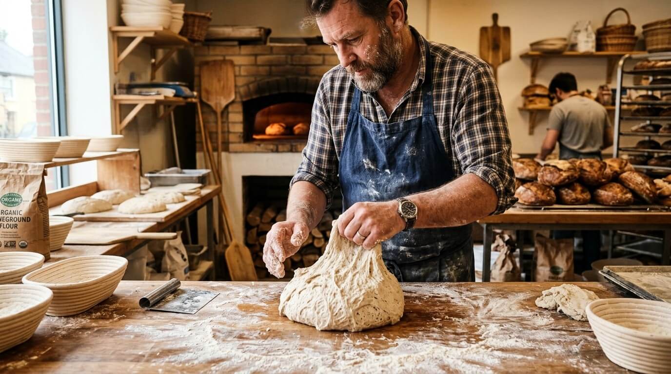 Baker kneading dough on a floured wooden table in a rustic bakery with bread and oven in background