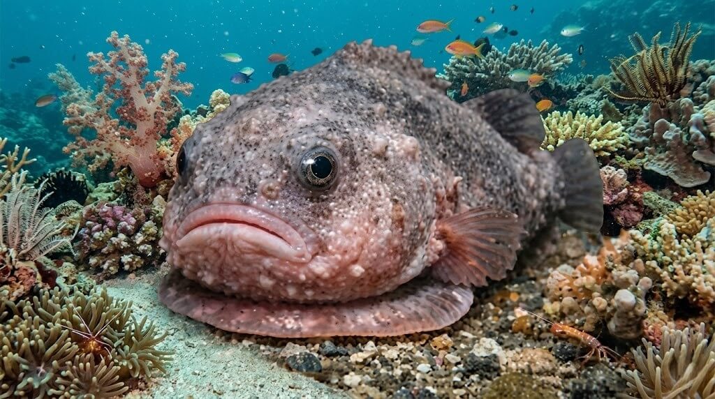 Large warty frogfish resting on a coral reef surrounded by small colorful fish and marine life.