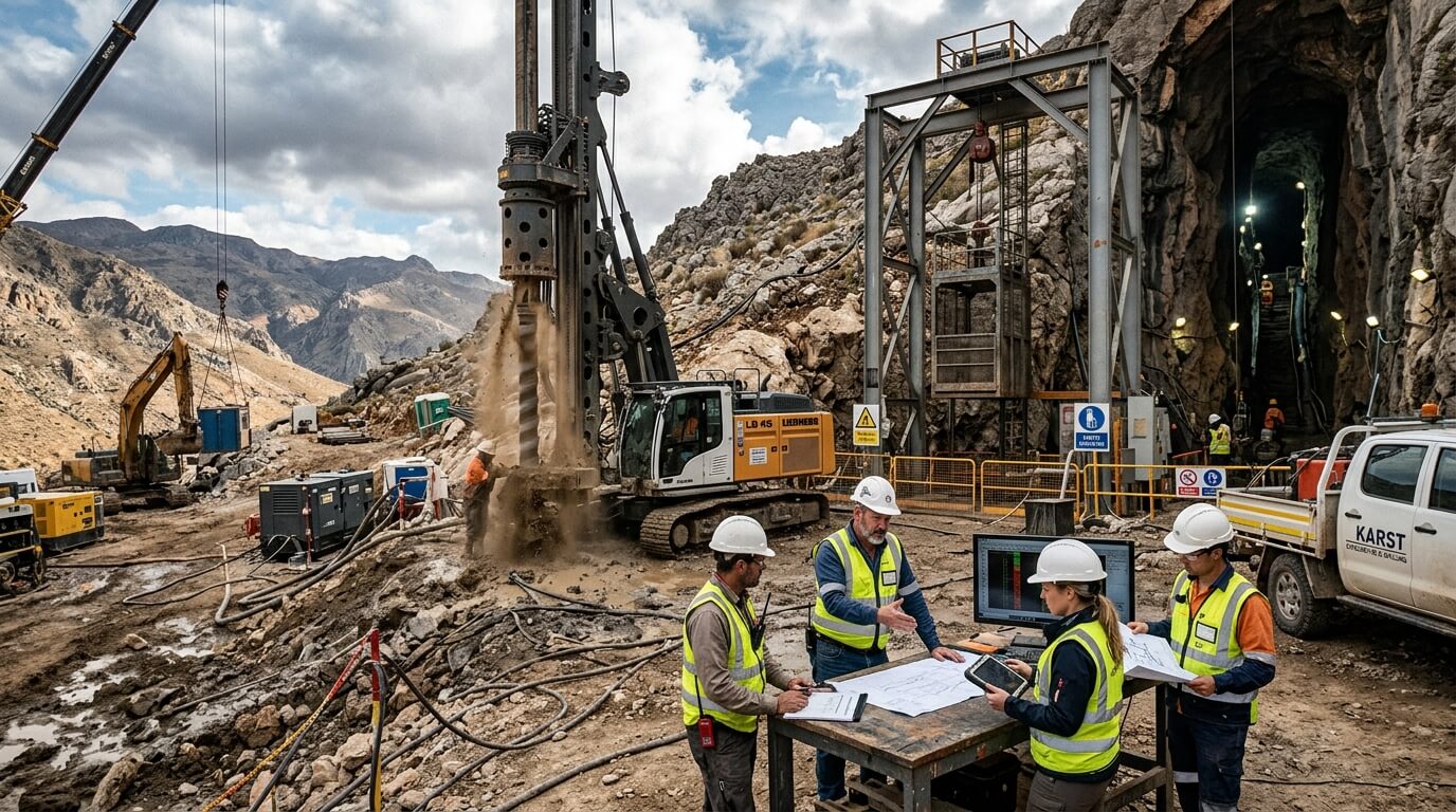 Engineers in safety vests and helmets reviewing plans at a rocky mountain drilling site near a tunnel entrance.