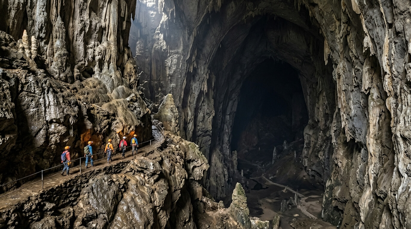 Group of six cavers wearing helmets and backpacks walking on a path inside a large limestone cave.
