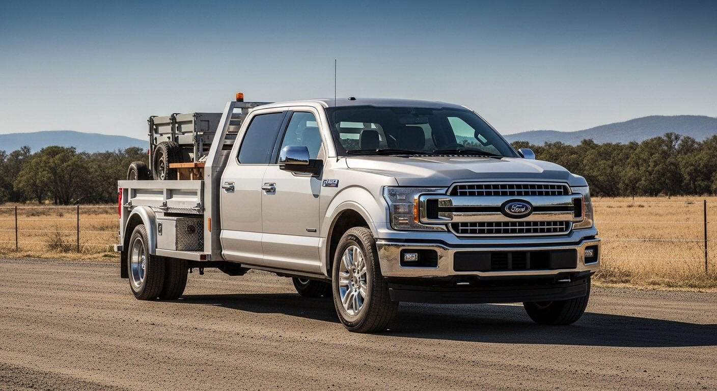 White Ford F-150 pickup truck with flatbed carrying equipment on a rural road with trees and hills in the background