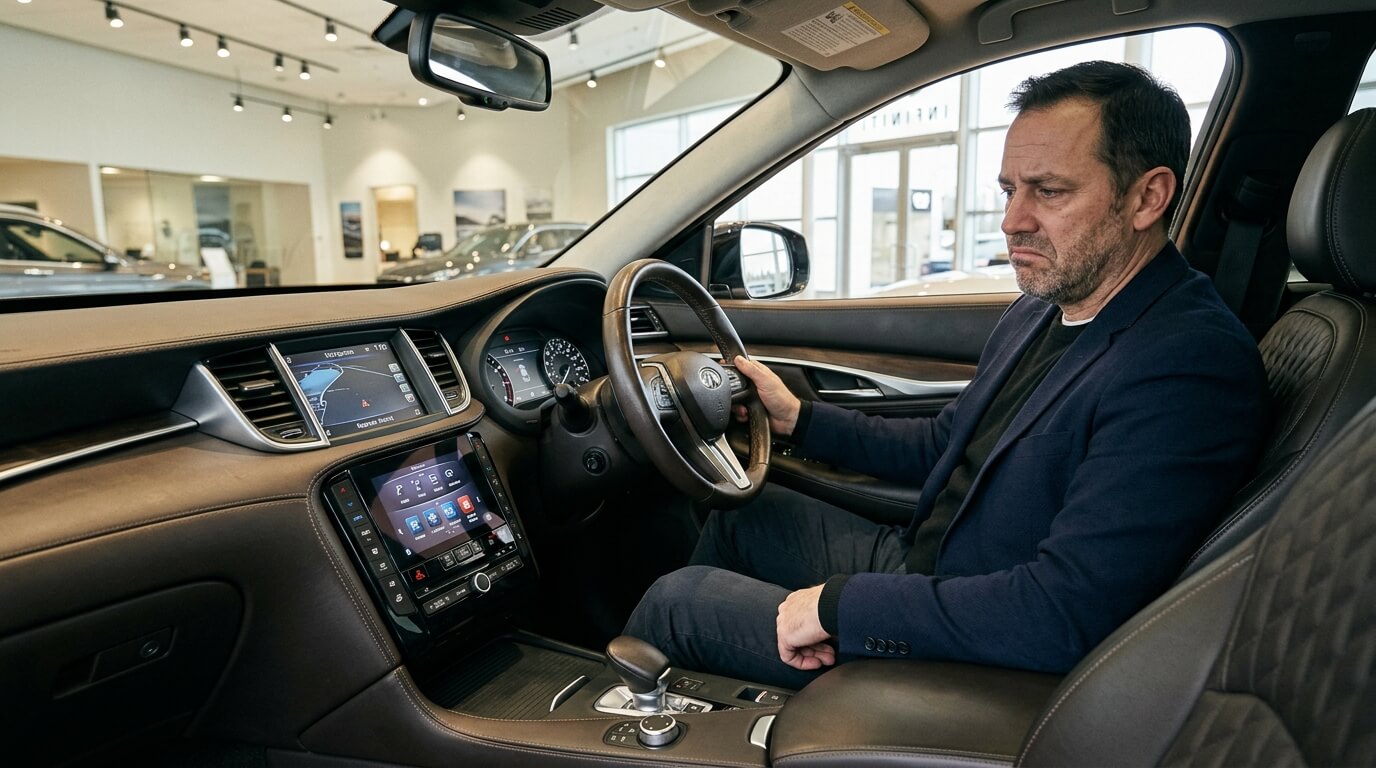 Man sitting in the driver's seat of an Infiniti car inside a showroom, holding the steering wheel and looking concerned.