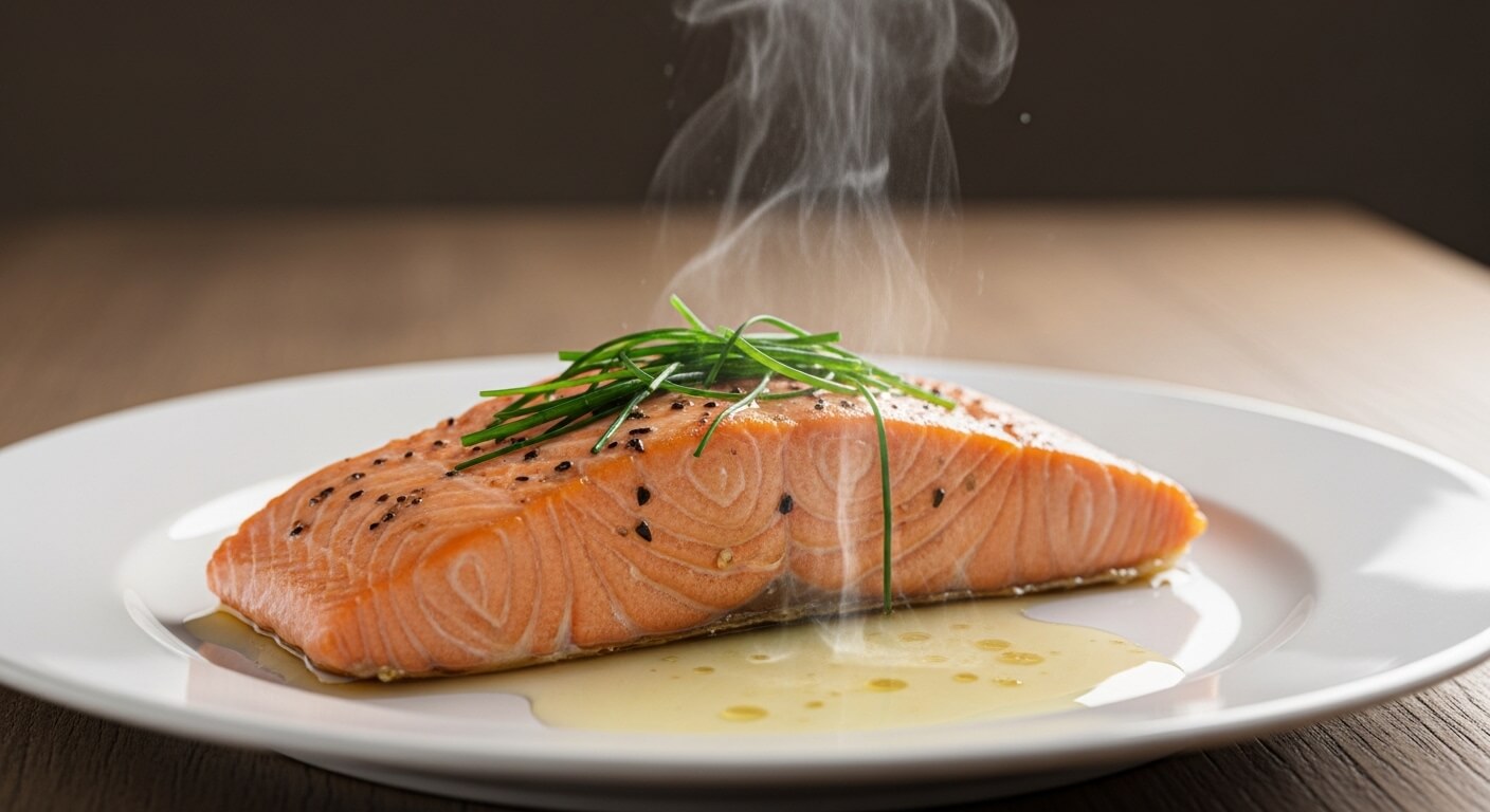 Steaming cooked salmon fillet garnished with chives and black pepper on a white plate with sauce.