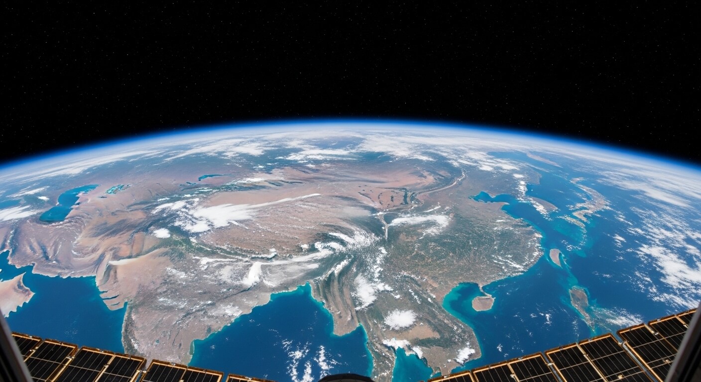 View of South Asia and surrounding waters from space with part of a solar panel in the foreground