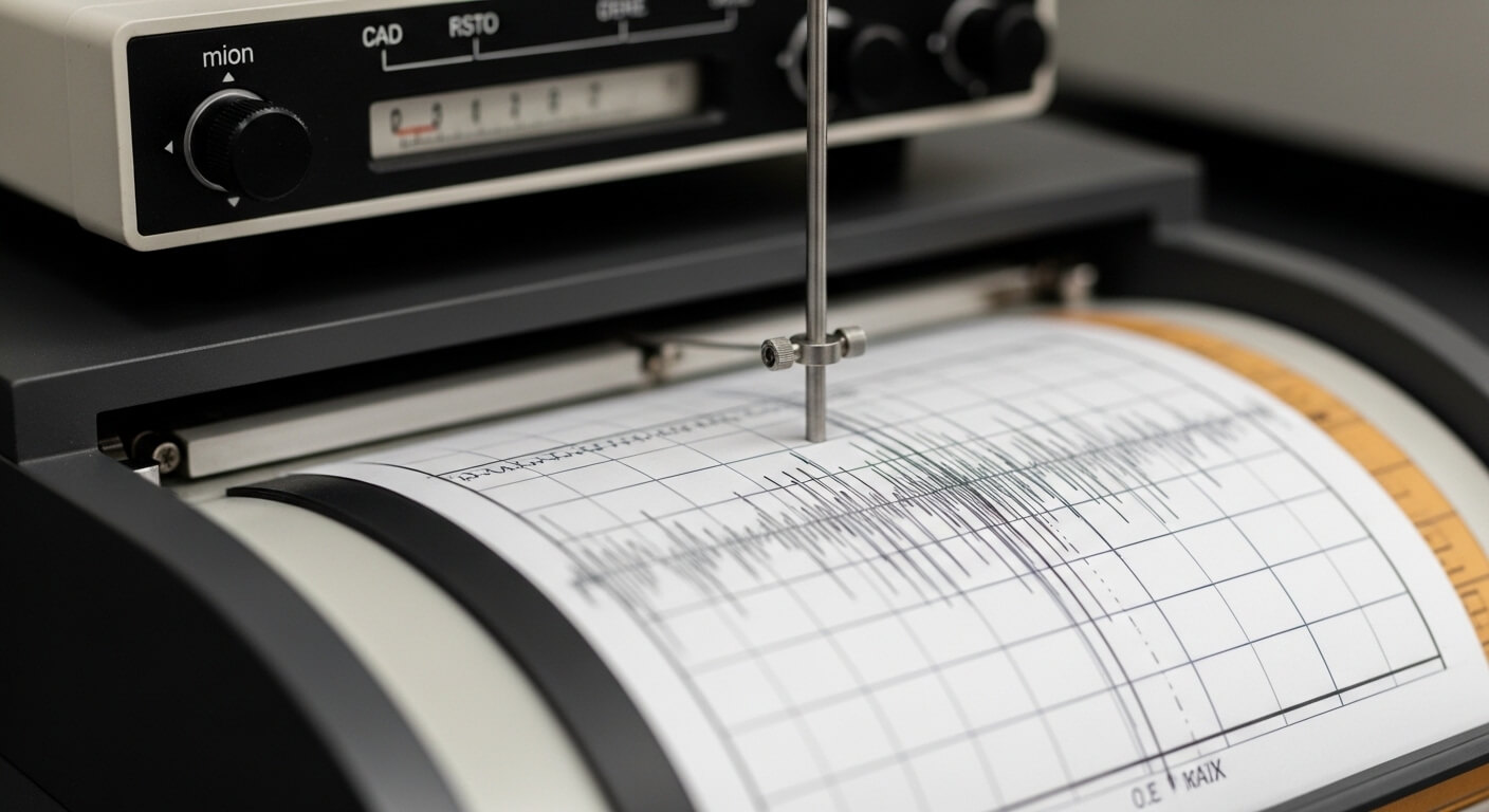 Seismograph machine recording earthquake vibrations on graph paper.