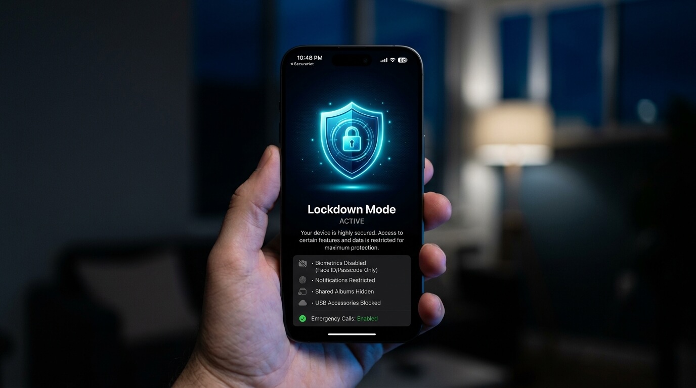 Hand holding iPhone displaying active Lockdown Mode screen with security features enabled at 10:48 PM