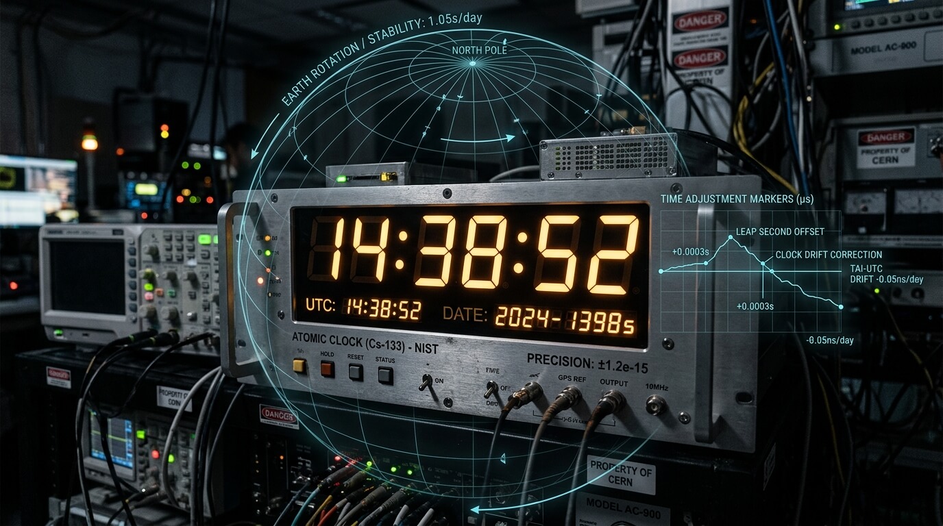 Atomic clock (Cs-133) by NIST displaying time 14:38:52 with precision ±1.2e-15 in a CERN lab setting.