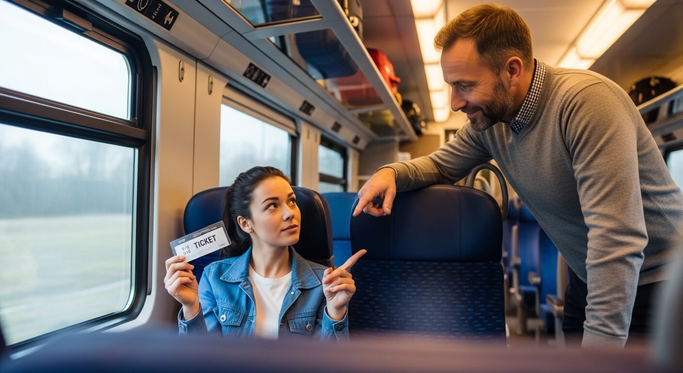 Woman showing train ticket to man standing in train carriage aisle