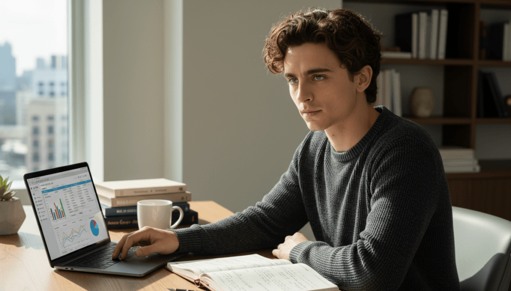 Young man in a dark sweater analyzing financial charts on a laptop at a desk with books and a coffee mug.