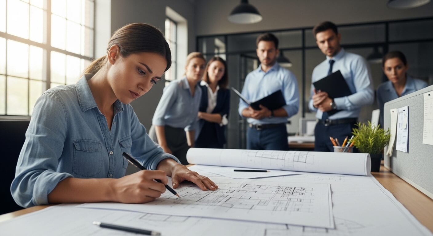 Woman in denim shirt drawing architectural plans while colleagues review documents in modern office