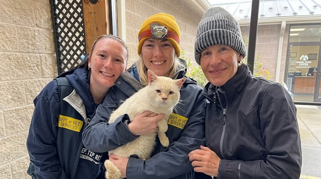 Three veterinary workers in jackets and hats holding a cream-colored cat at an animal care center.