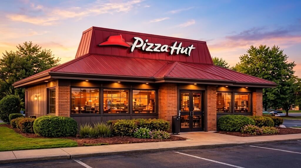 Pizza Hut restaurant building with red roof and illuminated interior at sunset.