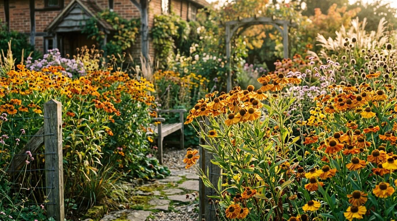 Cottage garden path lined with blooming orange and yellow coneflowers under golden sunlight.
