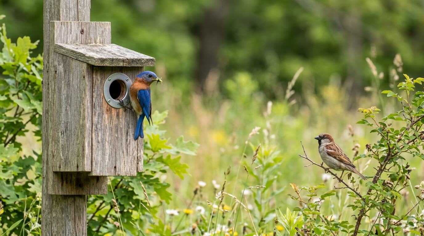 Eastern bluebird perched on a wooden birdhouse with a sparrow on a nearby branch in a green field.