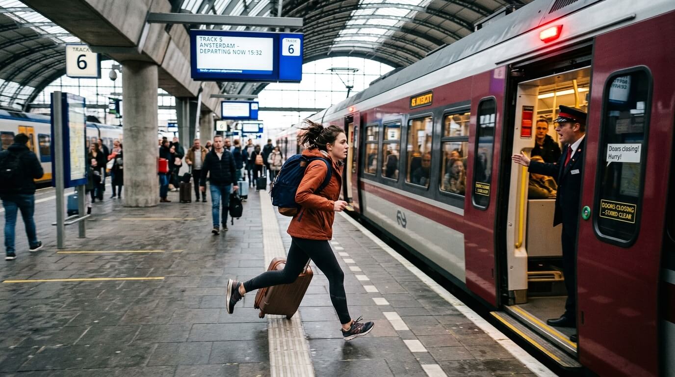 Woman with backpack and suitcase running to board a train at a busy station platform with conductor signaling to hurry
