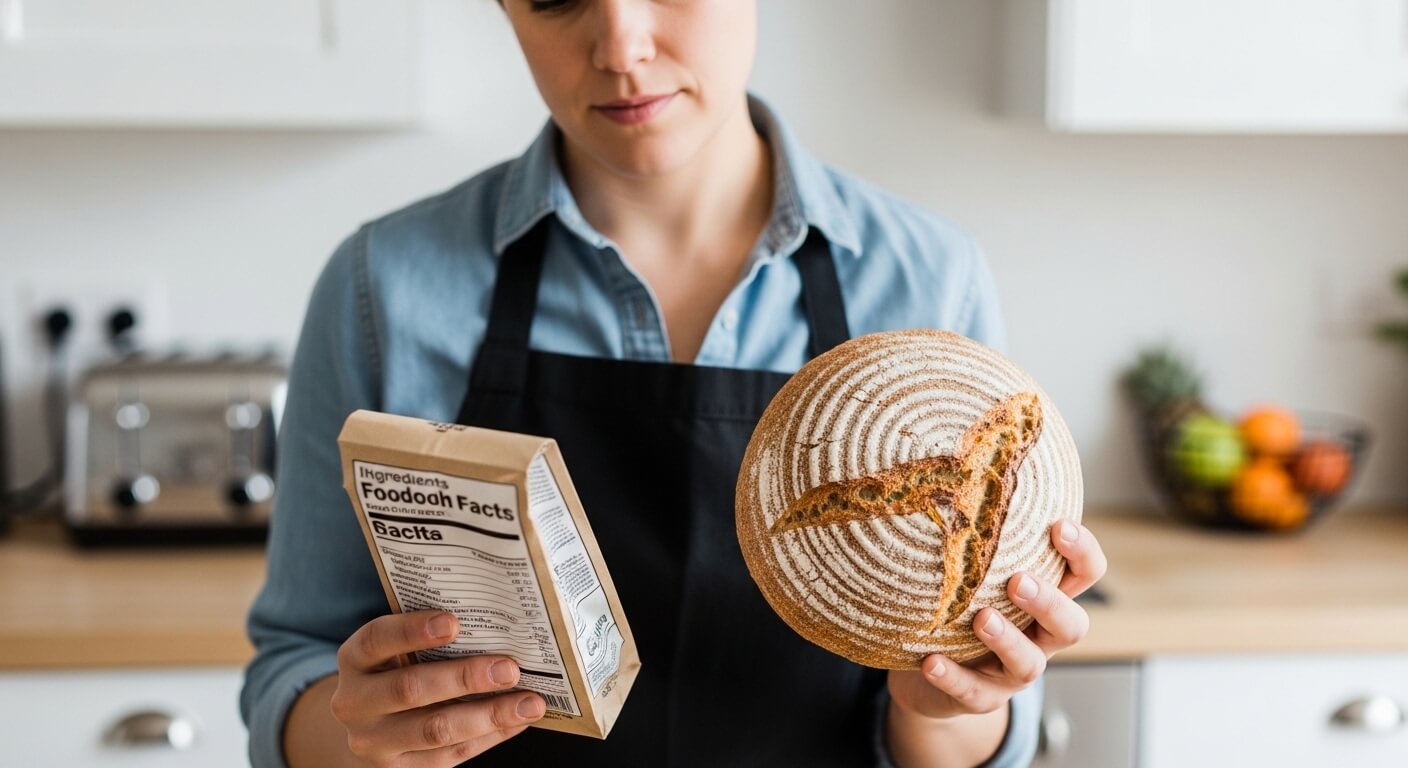 Person in apron holding a round loaf of sourdough bread and reading its nutrition label in a kitchen