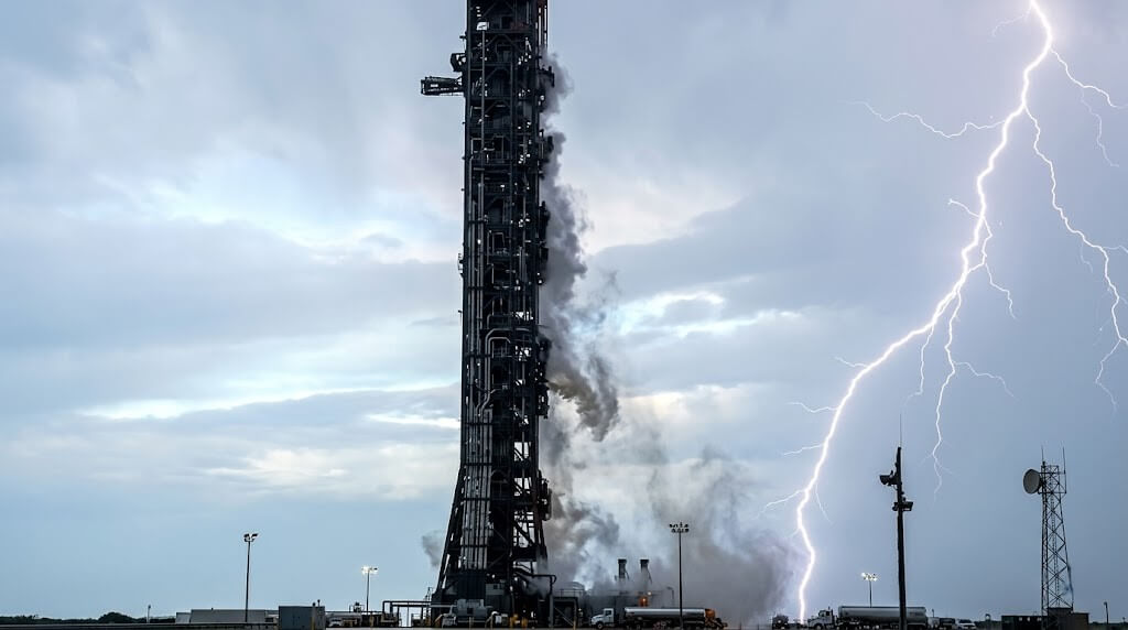 Lightning striking near a rocket on a launch pad with smoke rising against a cloudy sky.