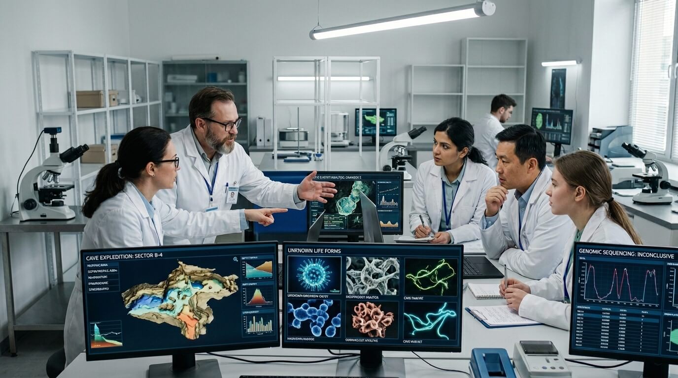 Scientists in lab coats discussing data on unknown life forms and cave expedition maps on computer screens in a laboratory.