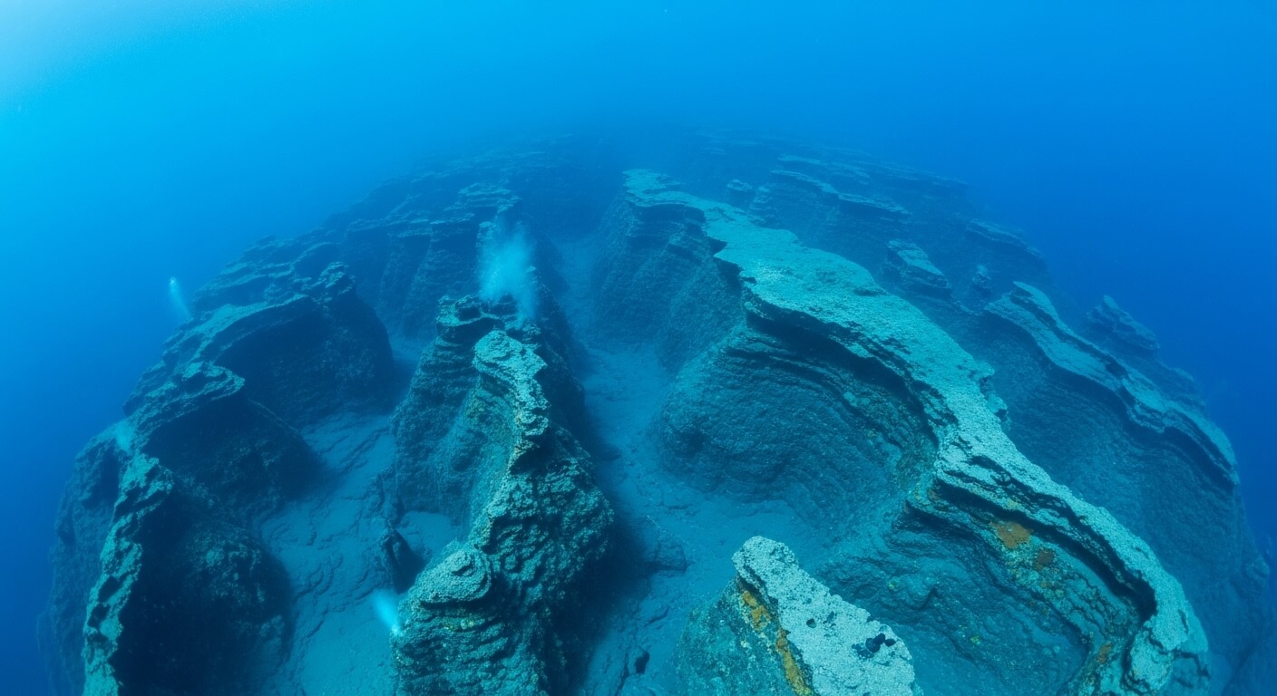 underwater rock formations resembling terraces with scuba divers releasing bubbles nearby