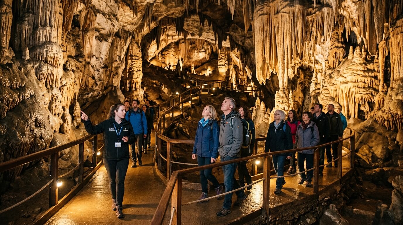 Tour guide leading a group through a well-lit cave with stalactites and stalagmites on a wooden walkway.