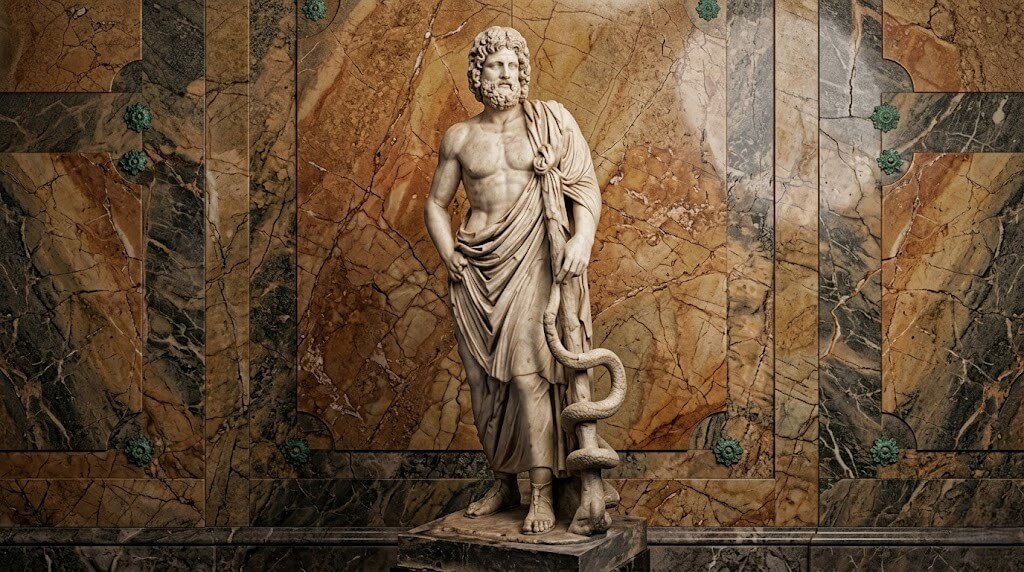 Marble statue of Asclepius holding a staff with a serpent against a patterned marble wall background