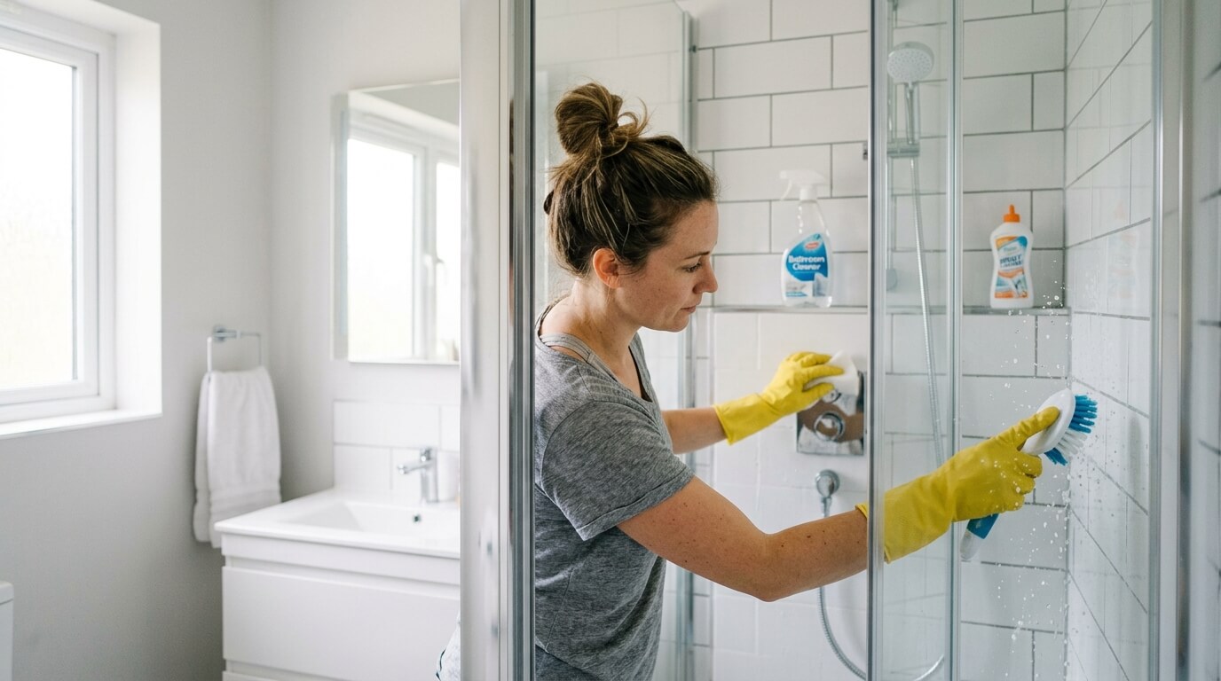 Woman wearing yellow gloves scrubbing white tiled shower walls with a brush and sponge in a bathroom