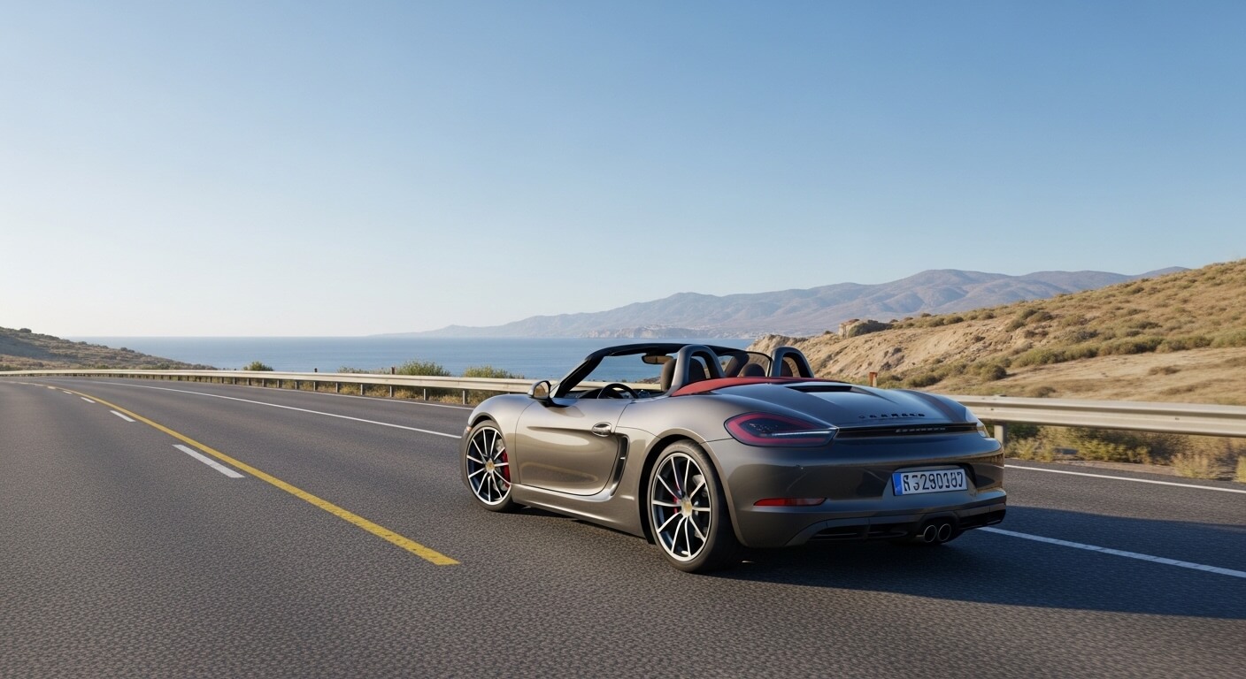 Gray Porsche convertible driving on coastal highway with mountains and ocean in the background